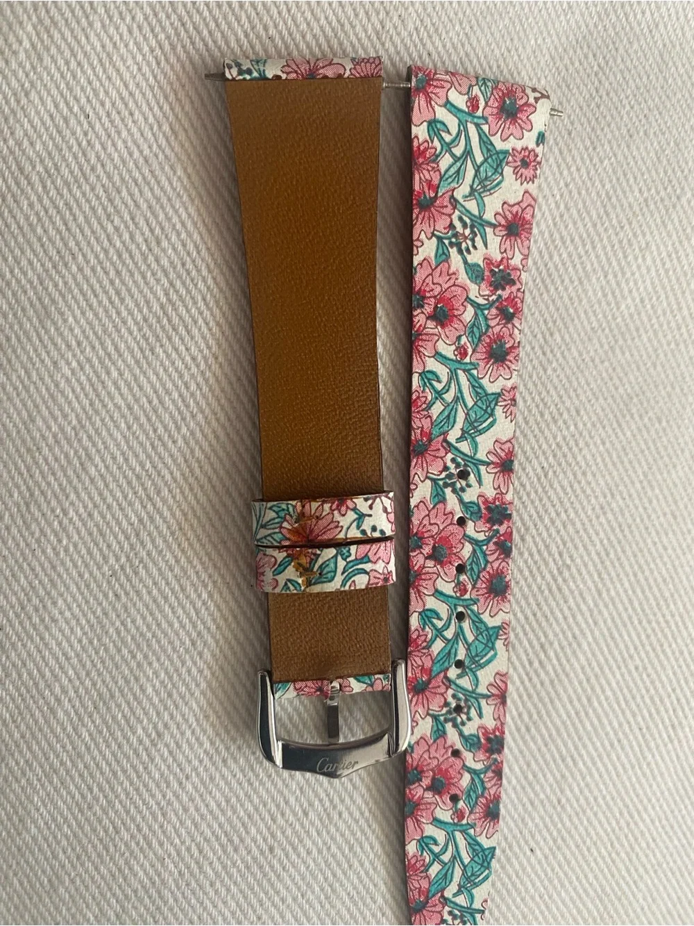 Floral Pink and Teal Leather Watch Strap 18mm for Cartier tank